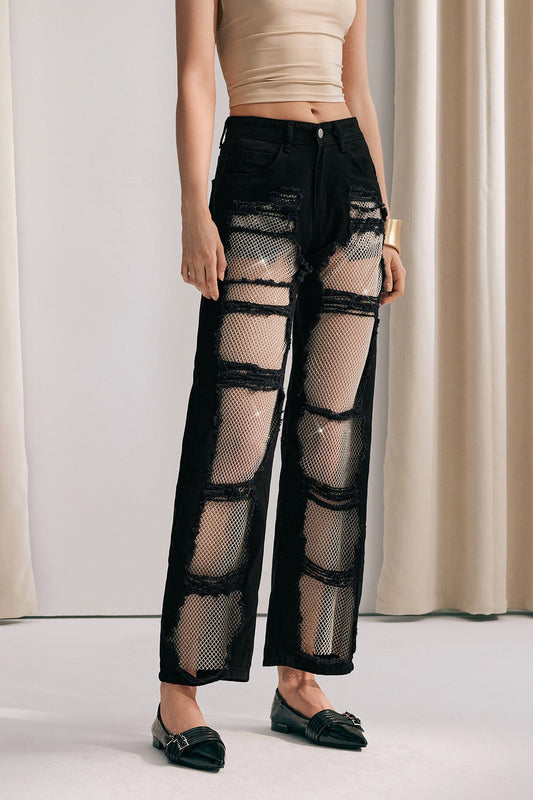 Chloe Mesh Siyah Düz Kot Pantolon
