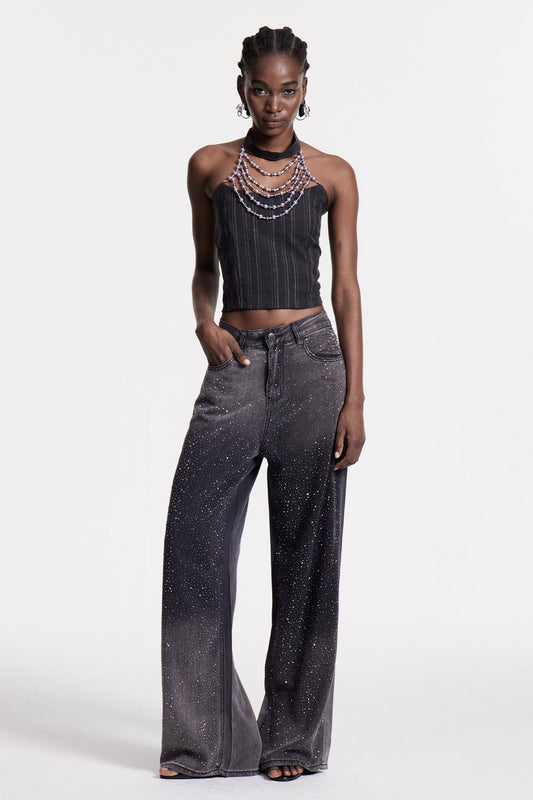 Chobin Rhinestone Hayley Siyah Kot Pantolon