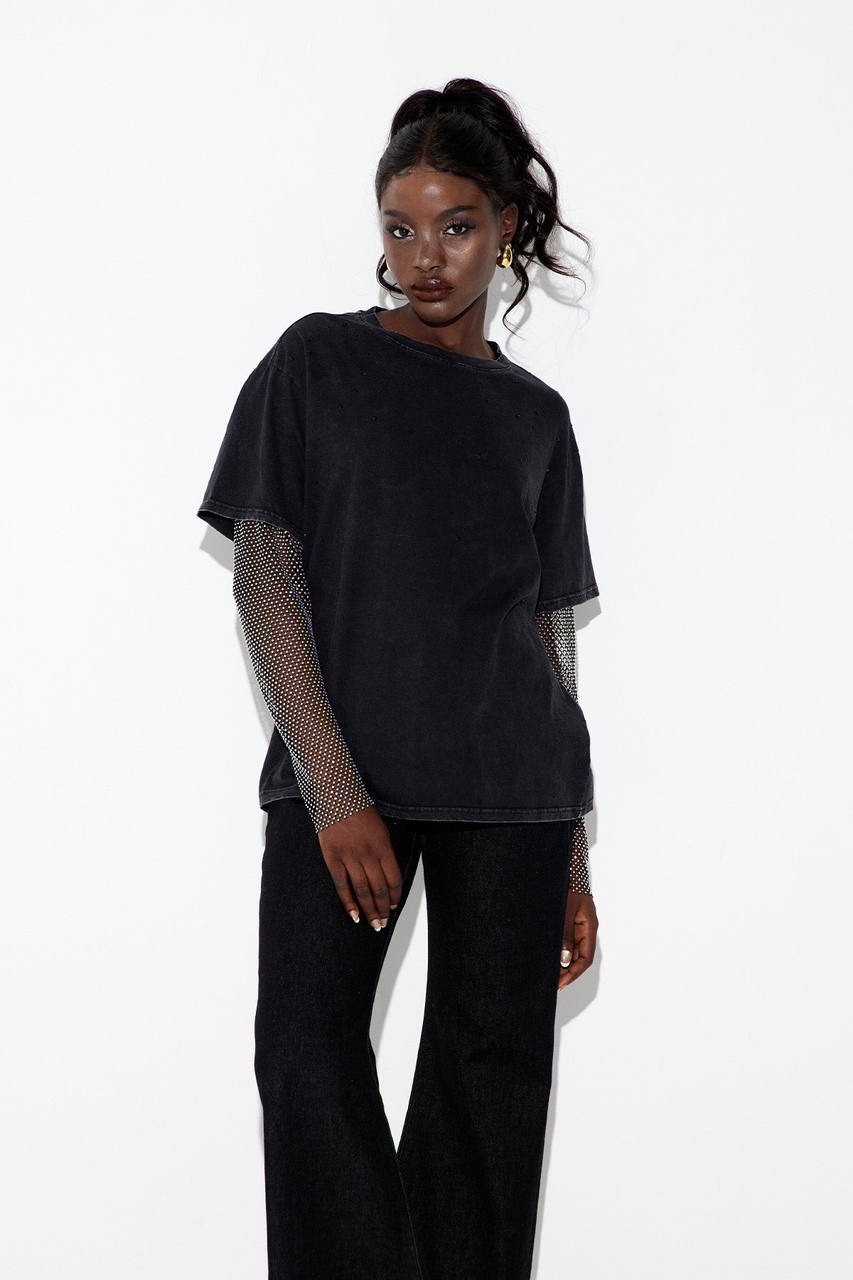 Clas Rhinestone Mesh Üst