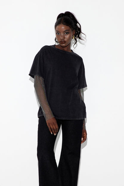 Clas Rhinestone Mesh Üst