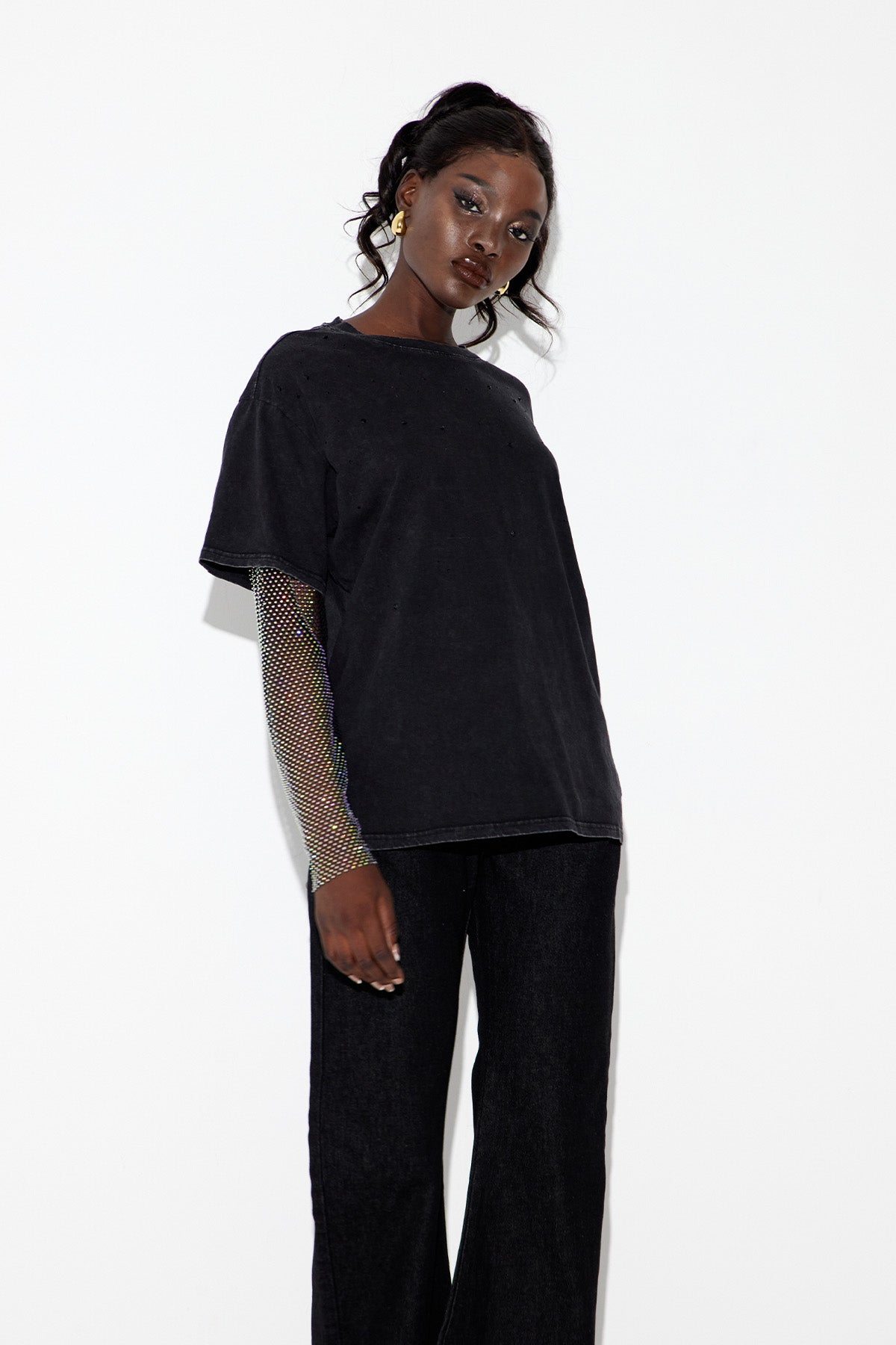 Clas Rhinestone Mesh Üst