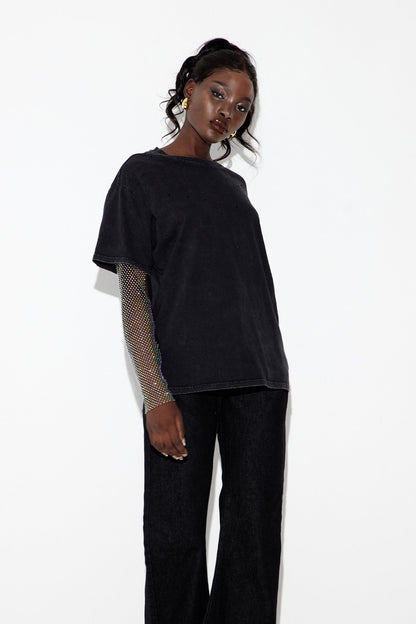 Clas Rhinestone Mesh Üst