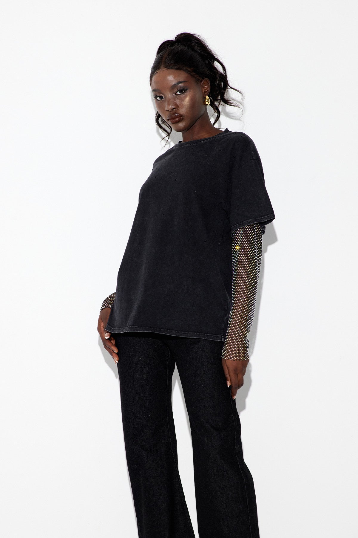 Clas Rhinestone Mesh Üst