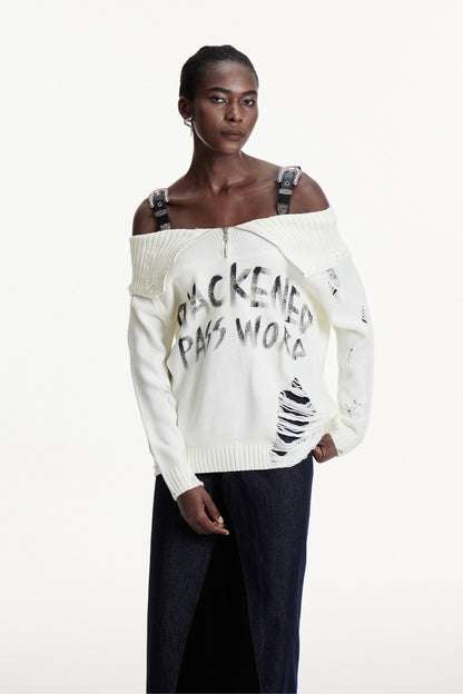 Conlaoch Omuz Açık Saçaklı Beyaz Örgü Üst