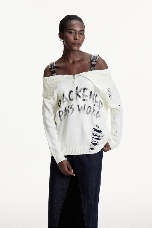 Conlaoch Omuz Açık Saçaklı Beyaz Örgü Üst