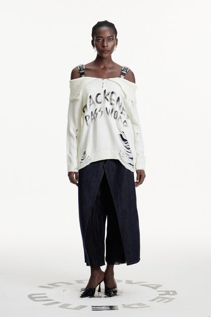 Conlaoch Omuz Açık Saçaklı Beyaz Örgü Üst