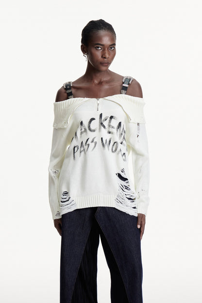 Conlaoch Omuz Açık Saçaklı Beyaz Örgü Üst