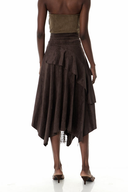 Cruz Süet Volanlı Dantel Uzun Etek