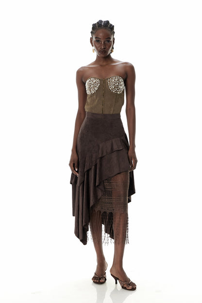 Cruz Süet Volanlı Dantel Uzun Etek