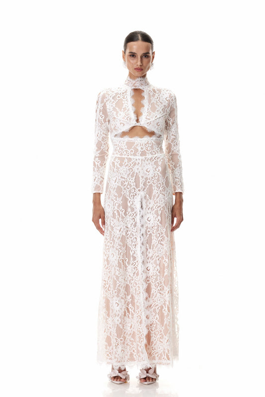 Daividh Kesik Dantel Uzun Elbise