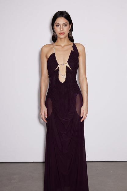 Davis Plunge Chain Asimetrik Maxi Elbise Koyu Mor