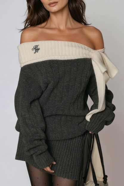 Devi Omuz Açık Fiyonklu Gri Örgü Mini Elbise