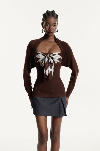 Edwyna Grid Bağlamalı Örgü Üst Kahverengi