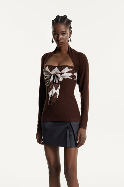 Edwyna Grid Bağlamalı Örgü Üst Kahverengi