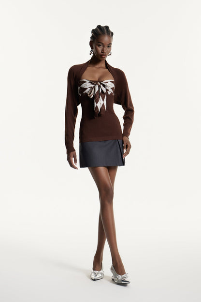 Edwyna Grid Bağlamalı Örgü Üst Kahverengi