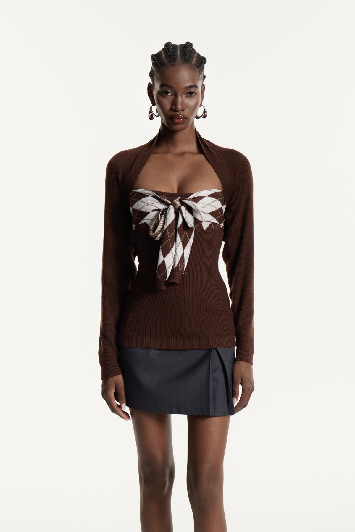 Edwyna Grid Bağlamalı Örgü Üst Kahverengi