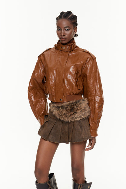 Eguzki Huni Yaka Kısa Deri Ceket