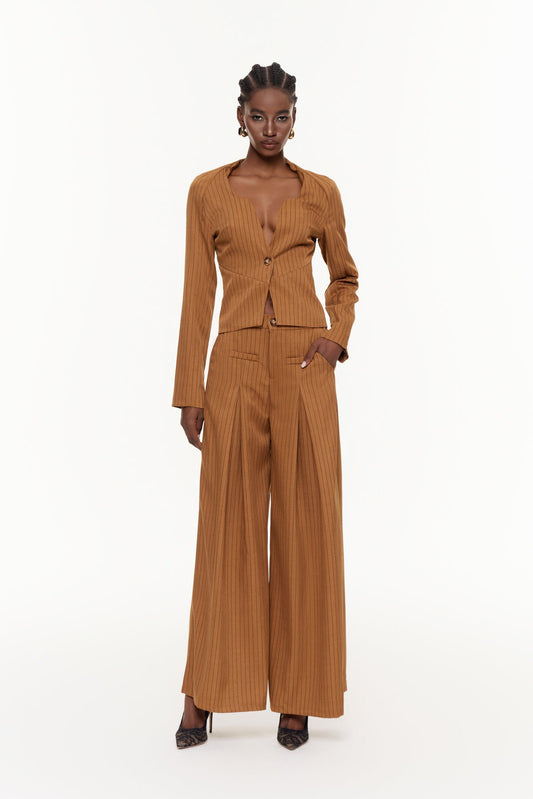 Ehab Çizgili Derin V Yaka Pantolon Takımı