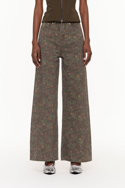 Ehecatl Çiçekli Taşlı Kot Pantolon