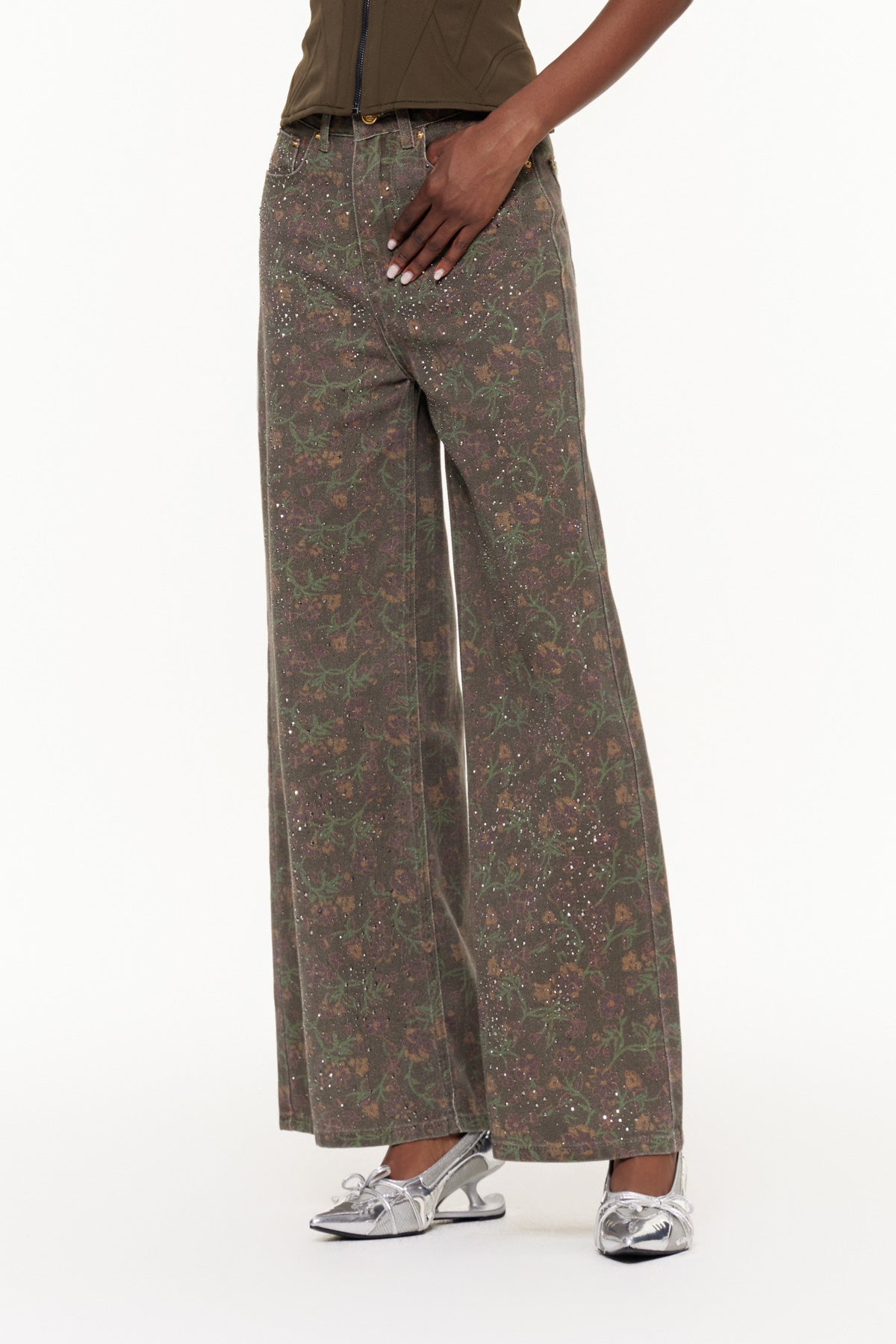 Ehecatl Çiçekli Taşlı Kot Pantolon
