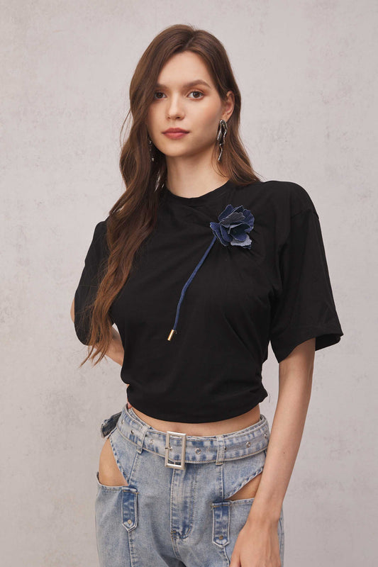 Emmalyn Dantelli Çiçek Tişört Siyah