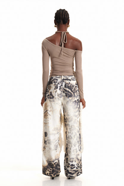 Ender Pearl Leopar Desenli Ağartılmış Kot Pantolon