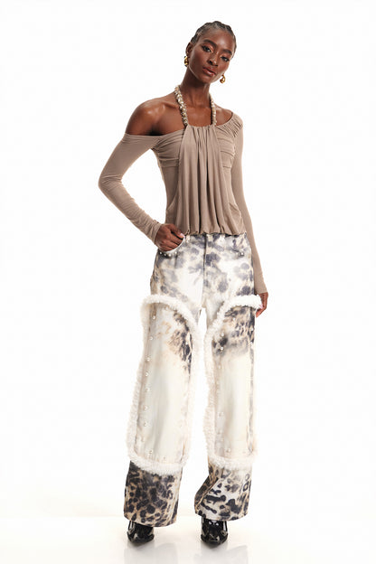 Ender Pearl Leopar Desenli Ağartılmış Kot Pantolon