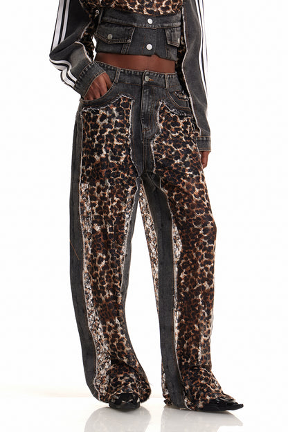 Enki Leopar Desenli Dantelli Dekonstrüksiyon Kot Pantolon