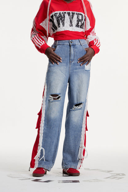 Erica Deconstruct Çizgili Yırtık Kot Pantolon