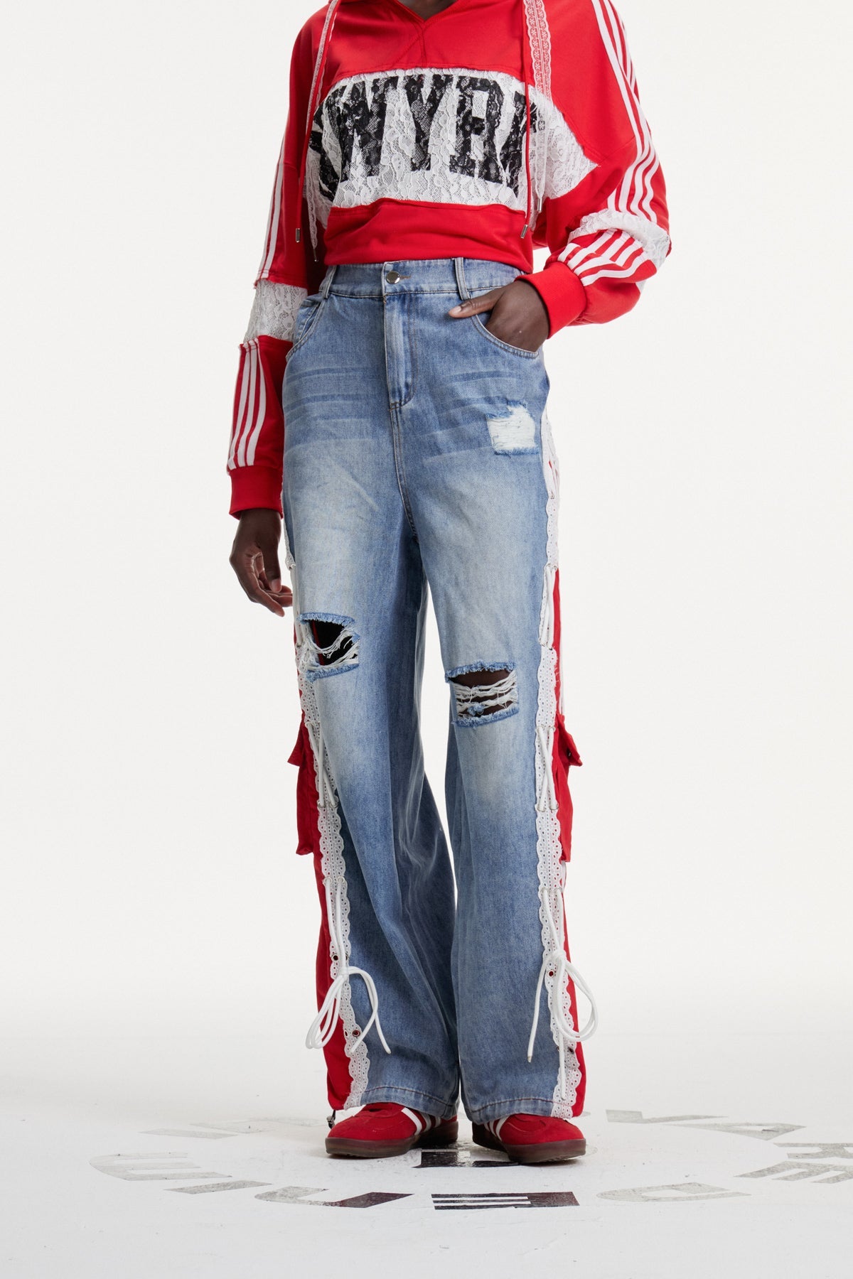 Erica Deconstruct Çizgili Yırtık Kot Pantolon