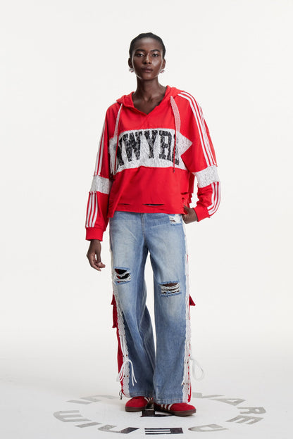 Erica Deconstruct Çizgili Yırtık Kot Pantolon