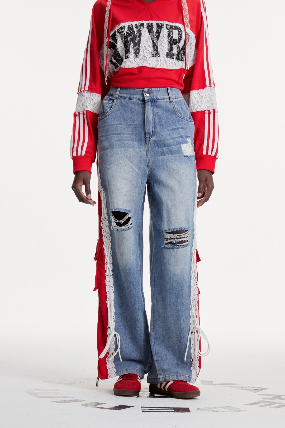 Erica Deconstruct Çizgili Yırtık Kot Pantolon