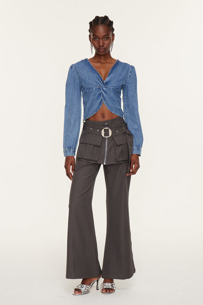 Eszti Twist Crop Denim Bluz