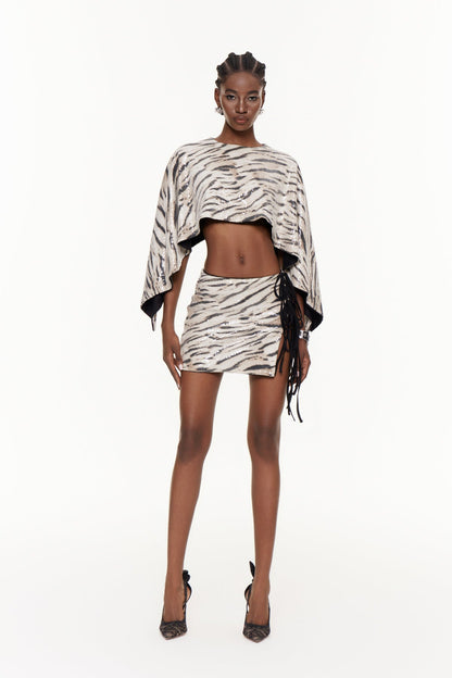 Faarax Zebra Desenli Parçalanmış Kırpılmış Etek Takımı