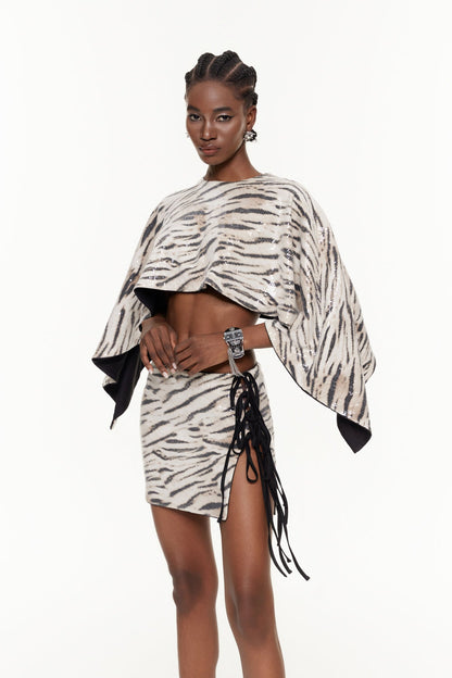Faarax Zebra Desenli Parçalanmış Kırpılmış Etek Takımı