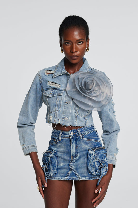 Johanna Yırtık Çiçek Mavi Denim Ceket