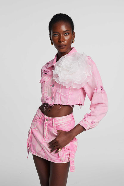 Johanna Yırtık Çiçek Denim Ceket Pembe