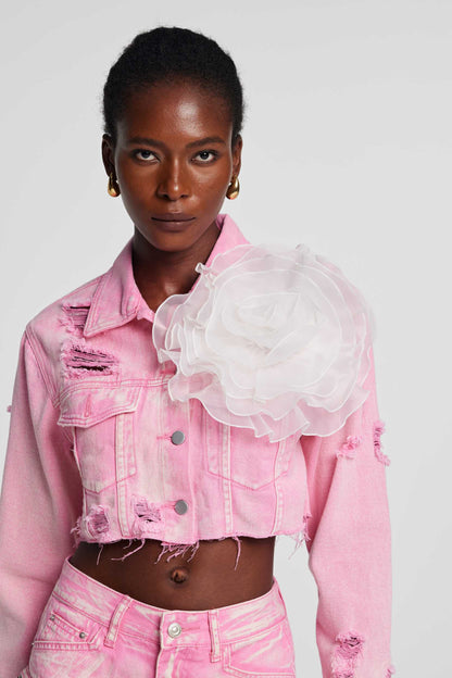 Johanna Yırtık Çiçek Denim Ceket Pembe