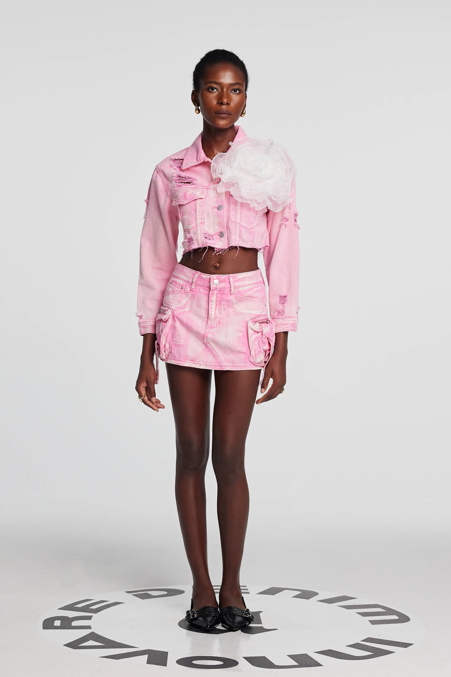 Johanna Yırtık Çiçek Denim Ceket Pembe
