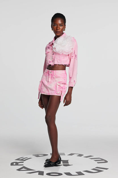 Johanna Yırtık Çiçek Denim Ceket Pembe