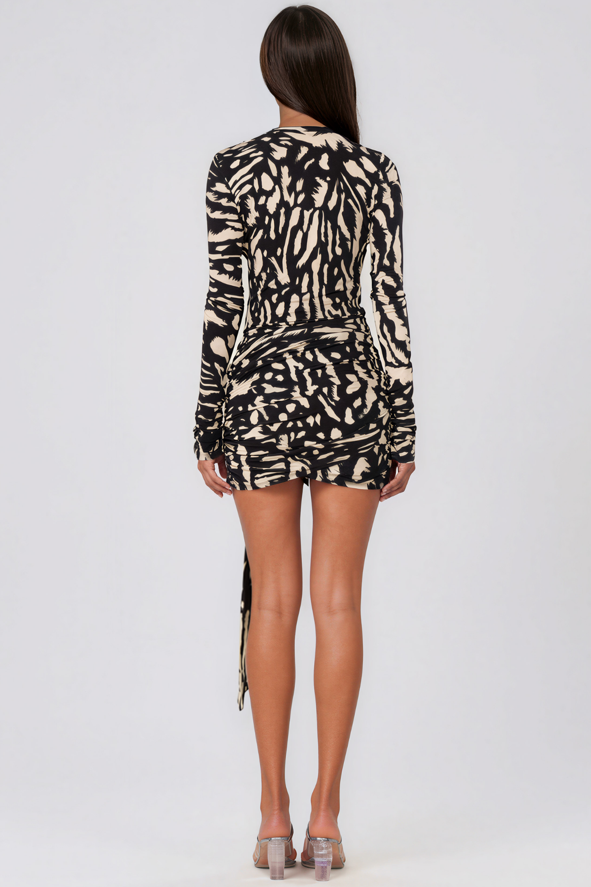 Kavin Uzun Kollu Zebra Desenli Mini Elbise