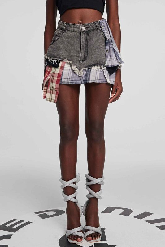 Kenna Grid Deconstruct Siyah Patchwork Mini Etek