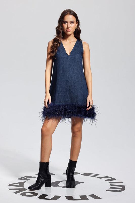Kerrie Tüy Kolsuz Denim Mini Elbise