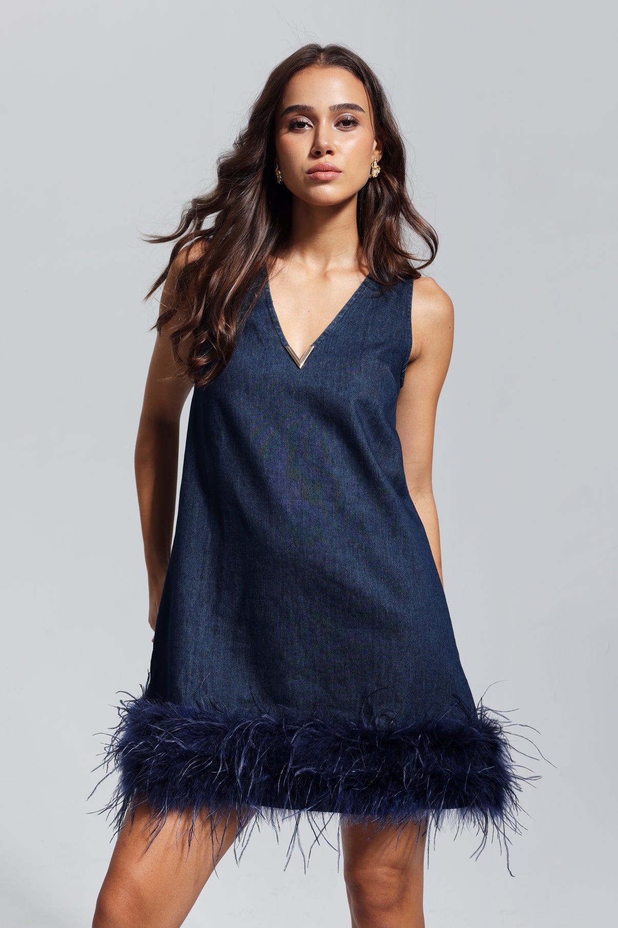 Kerrie Tüy Kolsuz Denim Mini Elbise