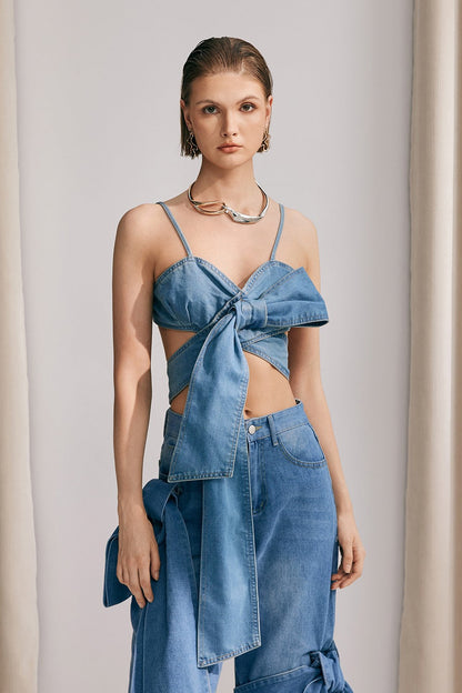 Khalani Fiyonklu Bağcıklı Denim Üst