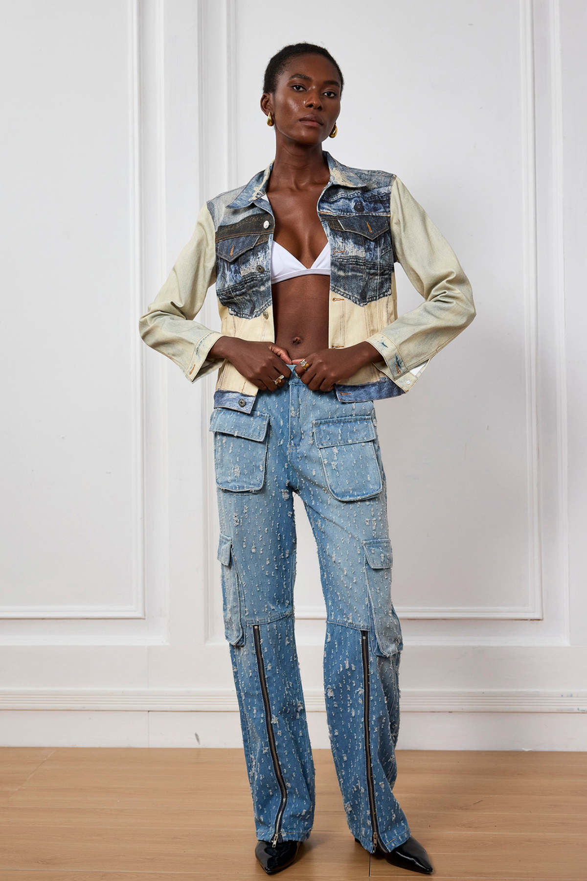 Layne Illusion Desenli Kısa Denim Ceket