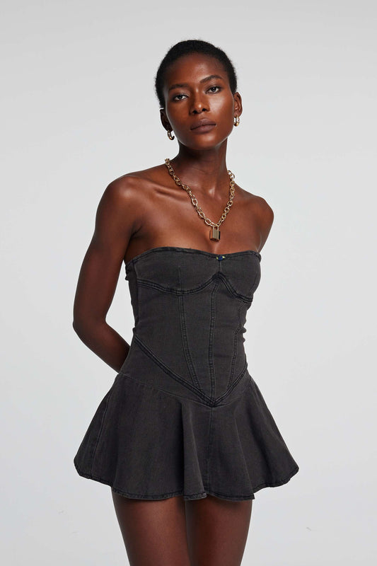 Leora Straplez Bodycon Denim Elbise Siyah