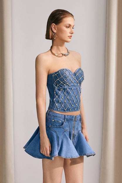 Livia Diamonds Taşlı Straplez Denim Üst