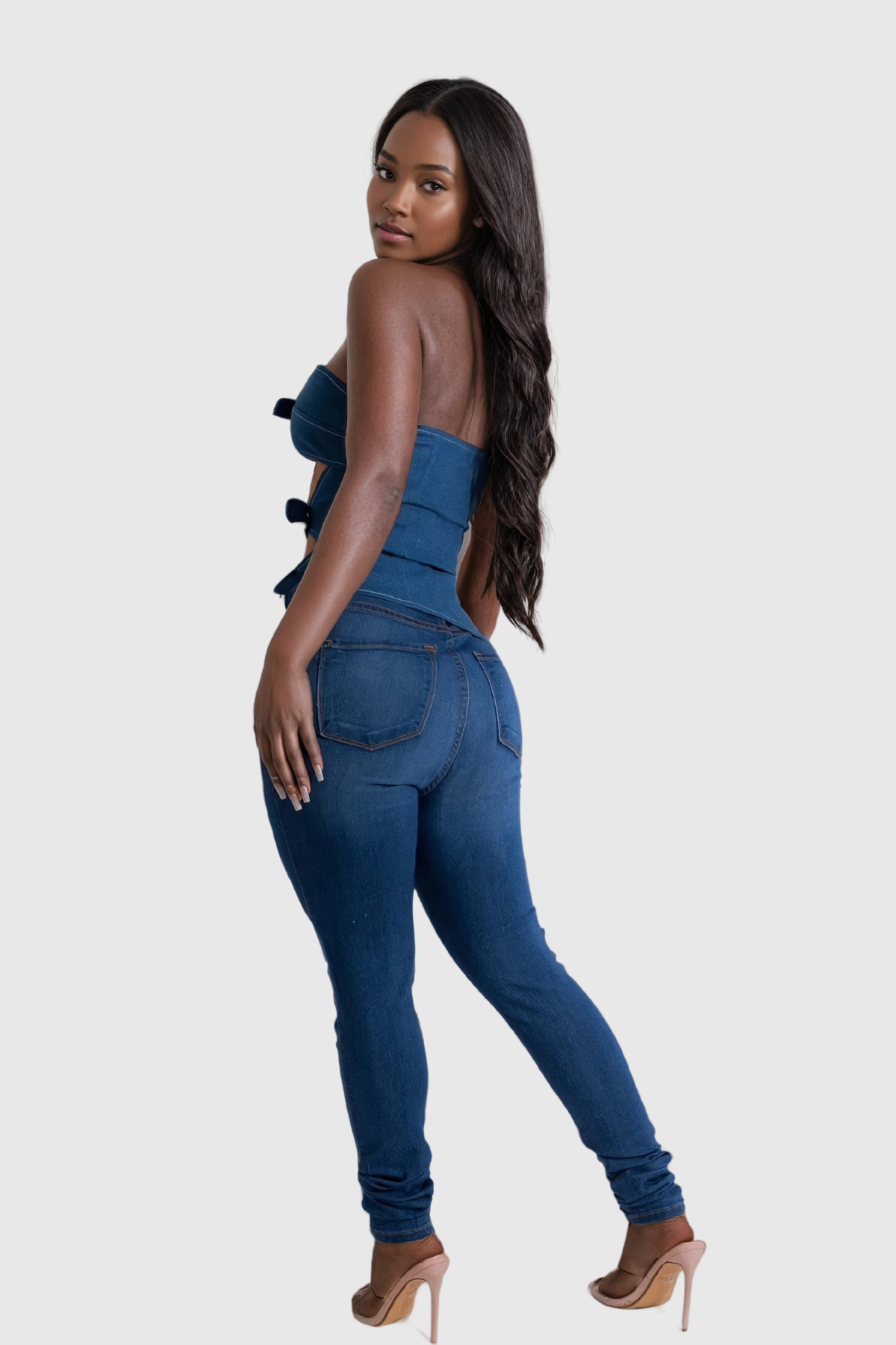 Meher Dekolteli Straplez Denim Üst