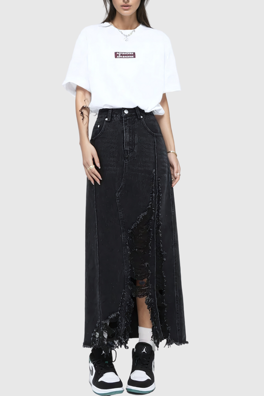 Melany Püsküllü Yüksek Bölme Denim Maxi Etek